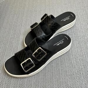 Clarks Drift Buckle Black Woven Slide Sandals Size 10 M